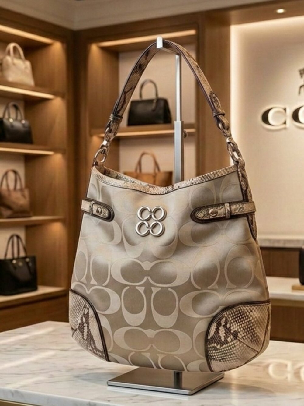 Coach Colette Signature Python Trim Hobo Bag – Beige Sateen & Embossed Leather